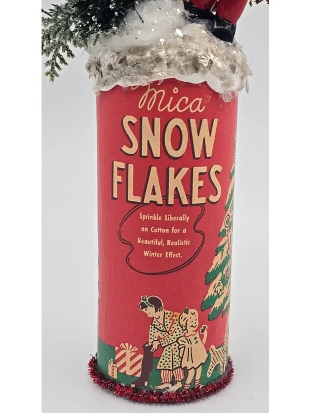 OOAK Christmas Assemblage Art Vtg Kitschy Bottle Brush Tree Wooden Santa Mica